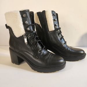 Marc Fisher Lansly Boots Leather Heeled Lace Up Sherpa Booties Black size 8